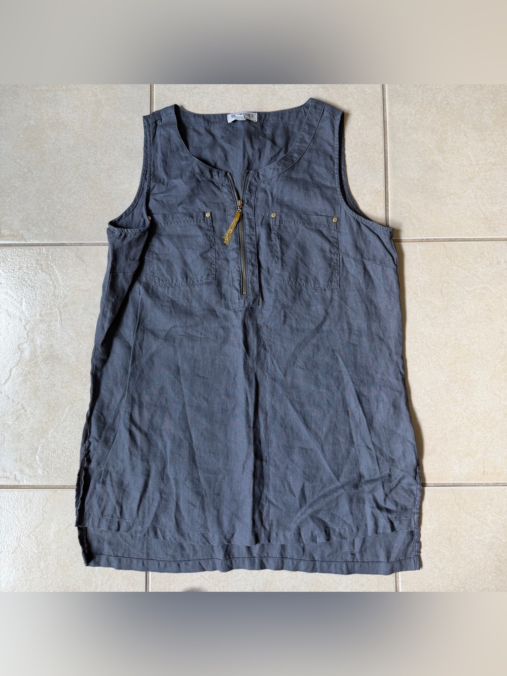 Ellen Tracy 100% Linen Tunic Blouse Womens Large Gray Sleeveless Zip Pockets